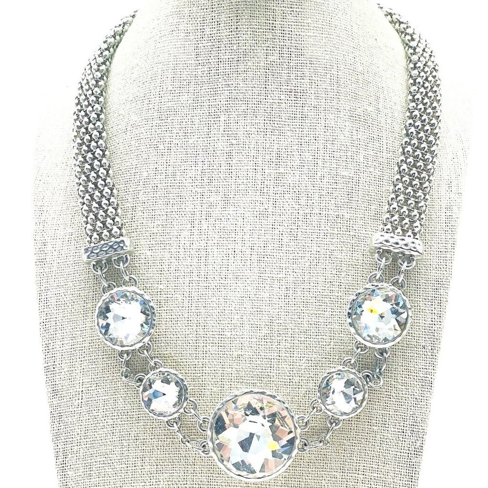 Silver Tone Panther Chain Statement Necklace Large Clear Rhinestone Stations
